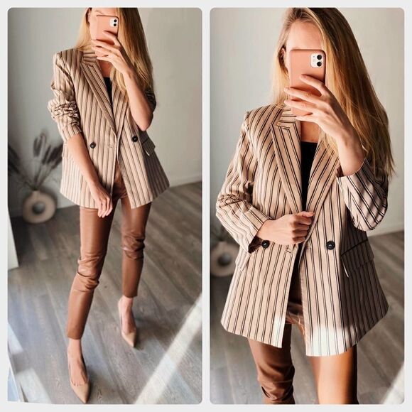 ZARA Oversized Blazer Striped Neutrals Double Breasted - Picture 3 of 7